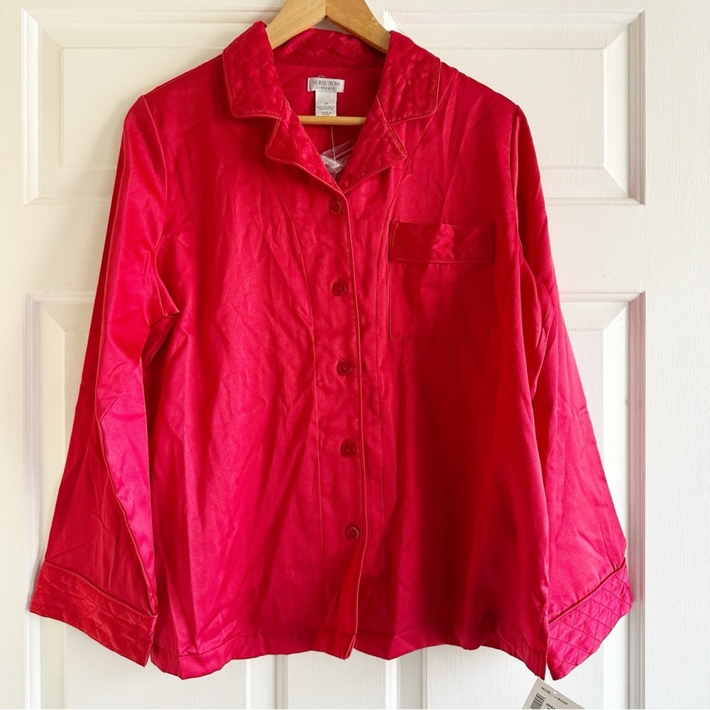 Vintage Nordstrom Red Satin Feminine Pijama Top Blouse Sz‎ M Quilted Accents